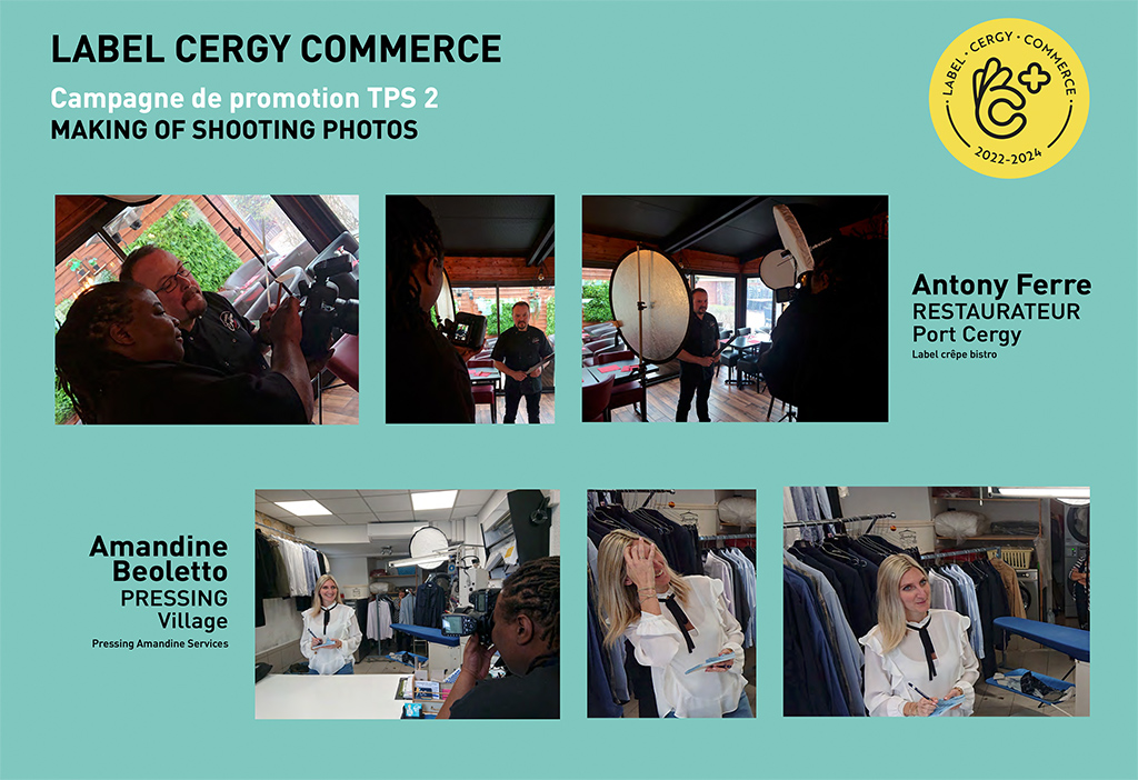 Coulisses de la séance photo avec les commerçants de Cergy pour la campagne d'affichage, photographiée par Sophie Palmier, spécialiste des portraits d'entreprise en Île-de-France