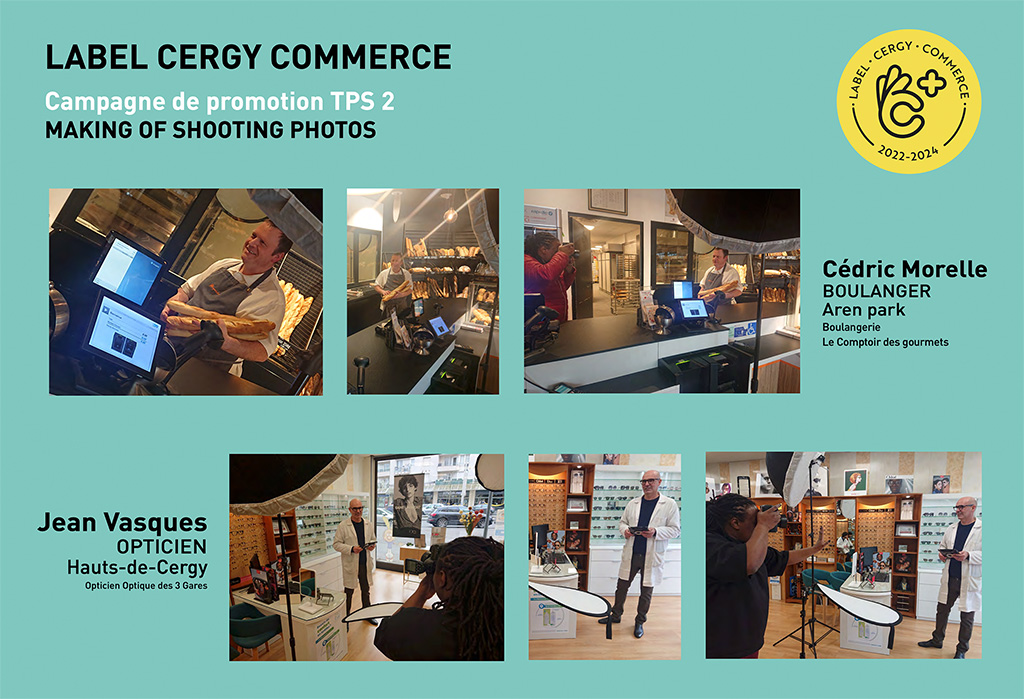 Coulisses de la séance photo avec les commerçants de Cergy pour la campagne d'affichage, capturées par Sophie Palmier, photographe spécialisée en portraits corporate en Ile de France.